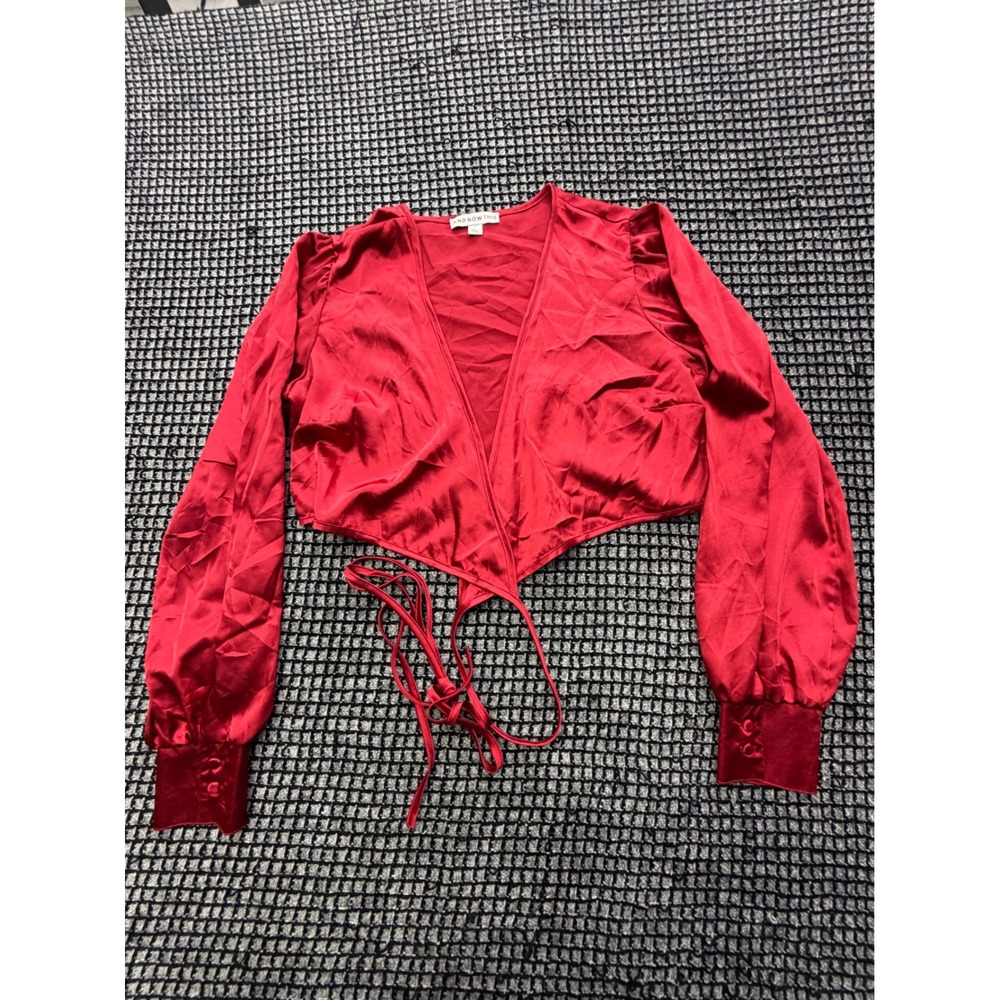 And Now This Wrap Top Womens Small Red Satin Cropped V-Neck Blouse